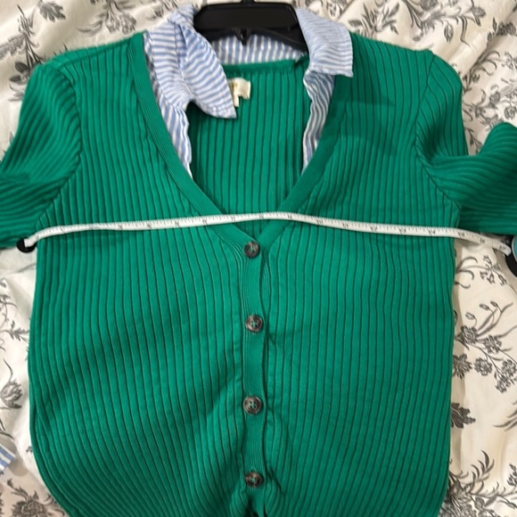 Maeve Green Ribbed Cardigan with Striped Collar - Picture 8 of 12